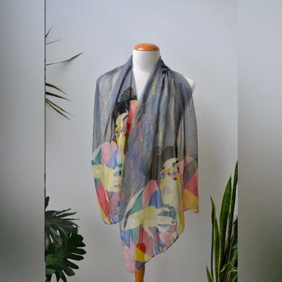 MiuMiu Vintage Silk Harlequin Grey Wrap/Scarf - Picture 2 of 14